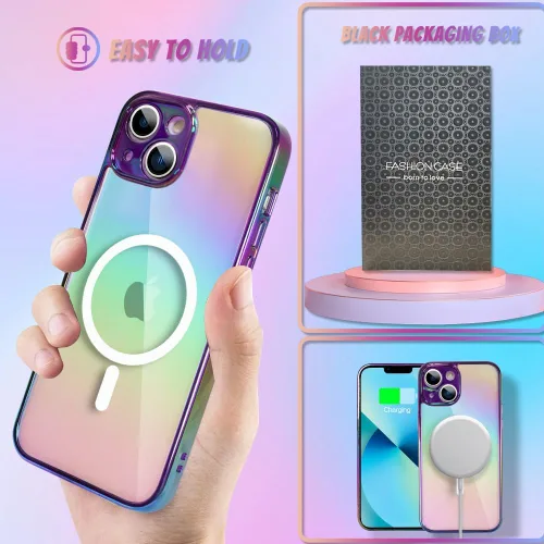 Vista 2 de Bonoma Funda magnética para iPhone 13 【Soporte para Magsafe】Protector de cámara de lujo de cristal fluorescente iridiscente con láser brillante + 2