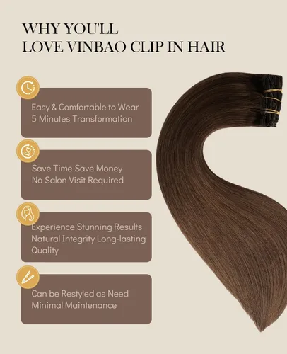 Vista 32 de VINBAO Extensiones de cabello humano con clip, balayage, color marrón ceniza a rubio caramelo, 14 pulgadas, 6 unidades, 3.53 onzas, 6