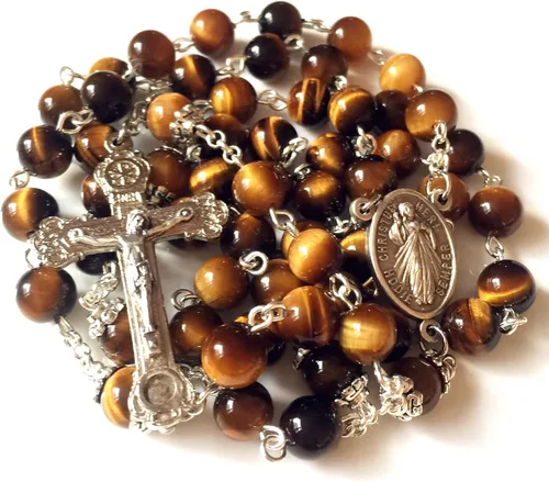 Vista 2 de elegantmedical HECHO A MANO Ojo De Tigre Rosario Cuentas Italia Cruz Cruz CRUCIFIJO CATÓLICO COLLAR CAJA DE REGALO, Metal