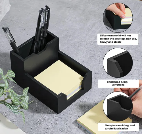 Vista 4 de Kamehame Soporte de notas adhesivas negro, soporte de silicona para notas con ranuras para bolígrafos o tarjetas, dispensador de notas adhesivas, se