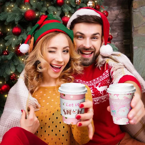 Vista 7 de Yungyan Paquete de 100 Tazas de Café Desechables de Navidad de 12 oz con Tapas y Mangas Tazas de Café de Papel Aisladas con Tapas Abovedadas