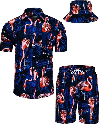 Vista 86 de TUNEVUSE Conjunto de camisas y pantalones cortos hawaianos para hombre, 2 piezas, trajes de playa con estampado de flores, traje tropical de verano