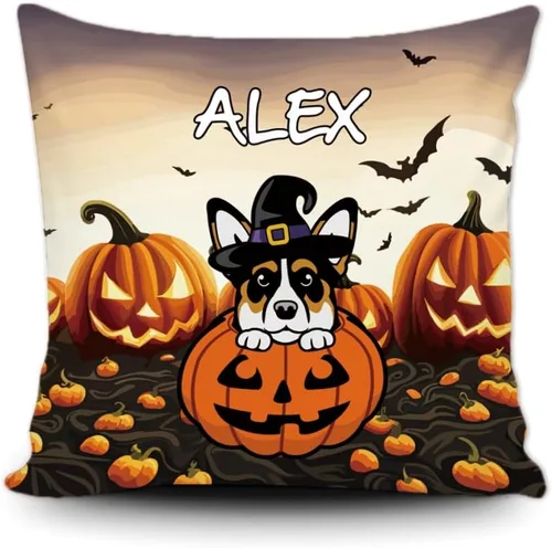 Vista 16 de Funda de almohada personalizada de Halloween, perro labrador con sombrero de bruja, calabaza, Halloween, cachorro, funda de cojín decorativa de lona