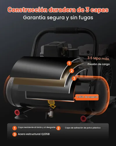 Vista 5 de VEVOR Compresor de aire, tanque de acero de 1 galón, compresor de aire libre de aceite de 1 HP 1.5 CFM a 90 PSI y presión máxima de 120 PSI