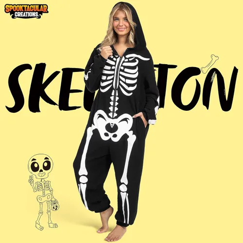 Vista 2 de Spooktacular Creations Adult Skeleton Costumes for Women Skeleton jumpsuit Pajama Zip-Up Hooded Jumpsuit Halloween costume