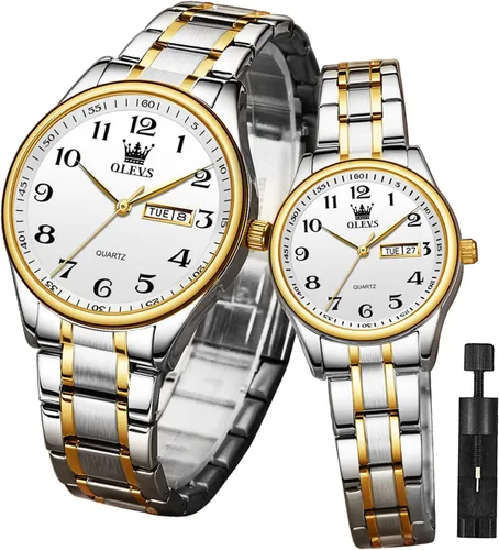 Vista 40 de OLEVS Juego de 2 relojes de cuarzo para parejas de San Valentín, calendario luminoso, ventana de fecha, 3 ATM, impermeable, casual, acero