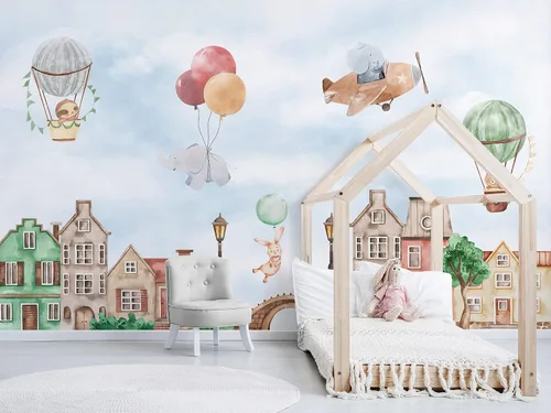 Vista 2 de Kids Wallpaper Cute Dutch Houses with Flying Animals Wall Mural (STYLE 1)