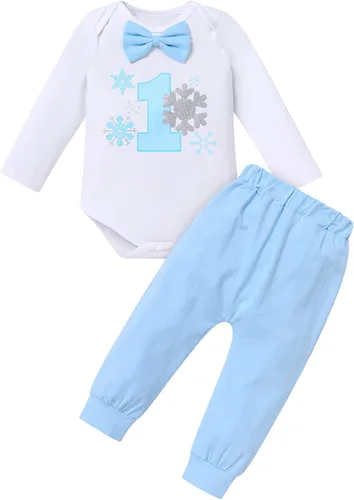Vista 20 de IBTOM CASTLE Traje de invierno para bebé niño con copos de nieve para primer cumpleaños, mameluco con estampado de pastel y pantalones largos