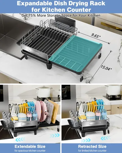 Vista 2 de Escurridor de platos expandible para encimera de cocina, acero inoxidable 304, placa retráctil abatible, ajustable multidireccional, estante