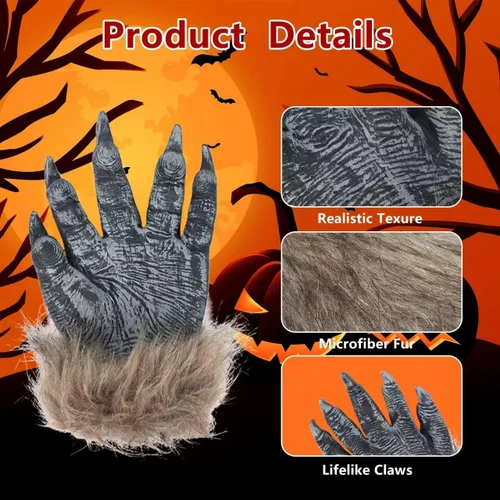 Vista 3 de Manos de hombre lobo de Halloween, garras de hombre lobo G-loves, látex lobo G-ama manos peludas aterradoras para fiesta de hombre lobo, accesorios