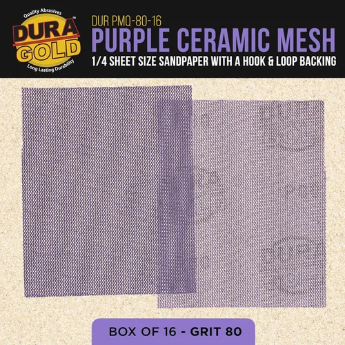 Vista 2 de Dura-Gold Papel de lija de malla de cerámica púrpura de grano 80 de alta calidad, tamaño de 1/4 hoja, caja de 16-4.5 x 5.5 pulgadas, parte trasera