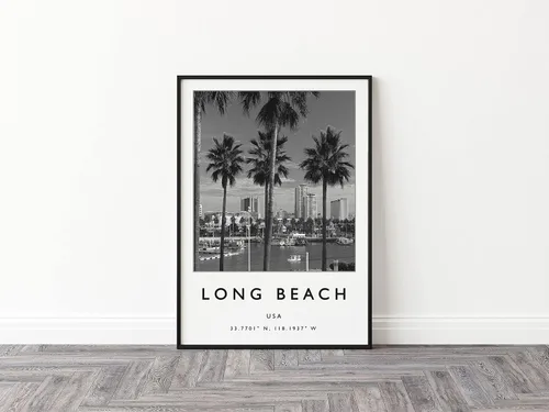 Vista 2 de Impresión de pared de playa larga, arte de pared de playa larga, impresión de Estados Unidos, arte de viaje americano en blanco y negro, foto