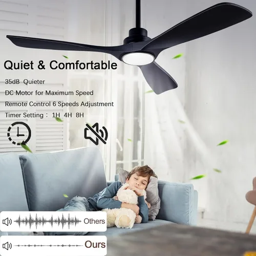 Vista 3 de 52” Silent Solid Wood Ceiling Fan Light, with 6-speed remote control, black