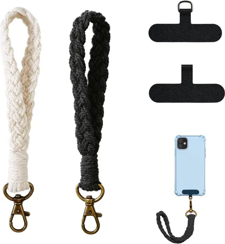 Vista 11 de 2 correas de muñeca para teléfono, cordón para teléfono celular, con 2 pestañas de amarre para teléfono, llavero de macramé hecho a mano, funda