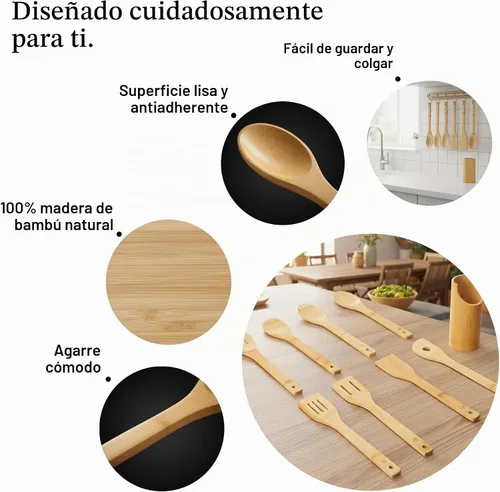 Vista 4 de Cucharas de bambú para cocinar - Juego de 8 cucharas con soporte - Cucharas de cocina de madera - Utensilios de cocina de bambú no tóxicos
