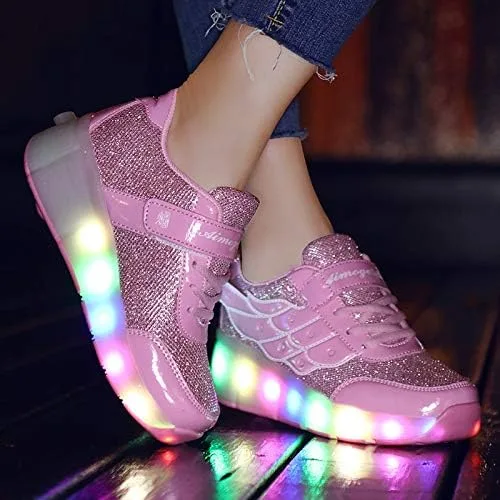 Vista 7 de Nsasy - Zapato deportivo para niña con ruedas para patinar y luces. Tenis deportivo con luces Led para niñas, regalo navideño para niños, rosado