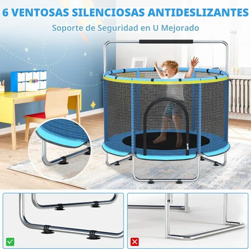 Vista 3 de Cama elástica para niños con malla de encierro, cama elástica mini para interiores y exteriores con barra de gimnasia ajustable, aro de baloncesto