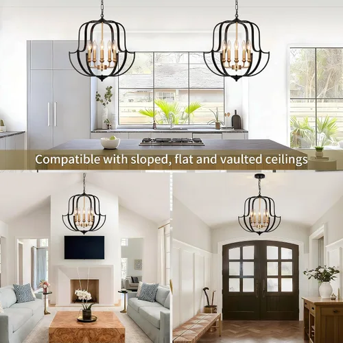 Vista 5 de Lámpara de araña negra y dorada de 19" para comedor, lámparas de araña rústicas de granja de 5 luces, luz colgante industrial moderna para cocina
