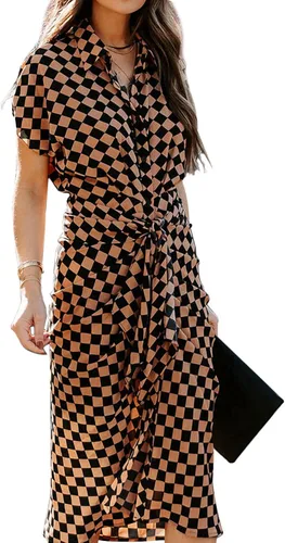 Vista 2 de Vestidos casuales a cuadros para mujer vestido de verano de manga corta solapa con botones fruncidos en la parte delantera cintura elegante vestido