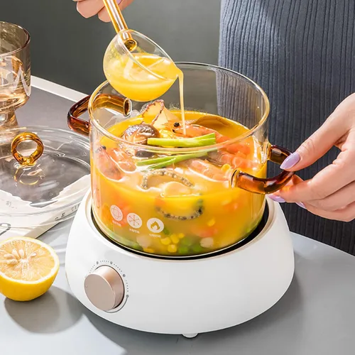 Vista 2 de Olla transparente con tapa y asa, suministros de cocina, olla de cocina de vidrio multifuncional, olla de sopa, salsa de leche, olla caliente