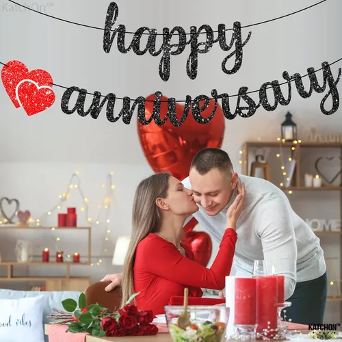 Vista 9 de KatchOn, Cartel de feliz aniversario con purpurina negra, 10 pies, sin bricolaje, decoraciones románticas de feliz aniversario, decoraciones