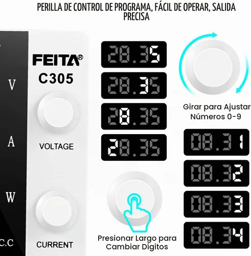 Vista 7 de FEITA Fuente de alimentación de CC variable, 30 V 5 A, fuentes de alimentación de laboratorio de banco de alta precisión ajustable con pantalla LED