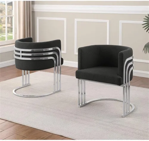Vista 2 de Best Quality Furniture Silla auxiliar moderna de tela de peluche con patas cromadas, color negro, elegante diseño de barril con marco plateado