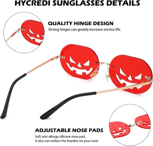 Vista 4 de Gafas de sol en forma de calabaza para mujeres y hombres, divertidas gafas de Halloween sin montura ovaladas lindas gafas de fiesta - rojo + negro