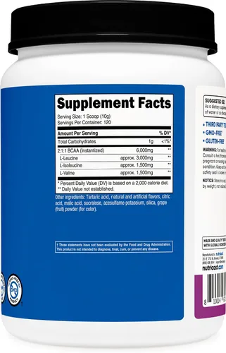 Vista 5 de Polvo Nutricost BCAA (Uva, 120 porciones) - Sin gluten, sin OMG, vegetariano, proporción óptima 2:1:1 Sin gluten, vegetariano