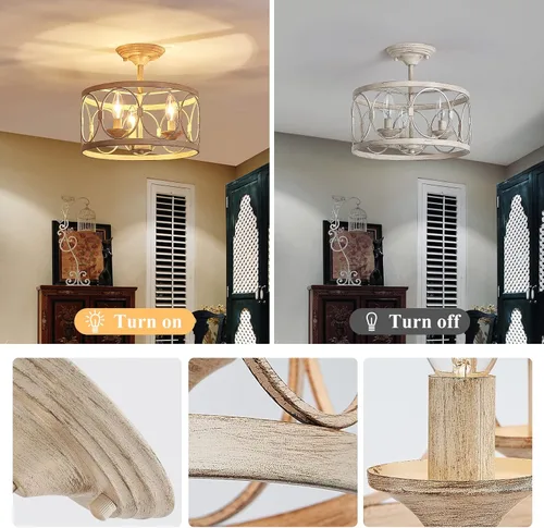Vista 4 de LOOYD Lámpara de techo semiempotrada de 3 luces, lámpara de techo de granja para cocina, dormitorio, sala de estar, cocina, pasillo (beige vintage)
