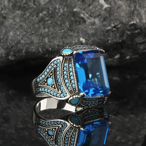 Vista 2 de 925 Sterling Silver Aquamarine Stone with Turquoise Stones Men Silver Ring, Handmade Blue Aquamarine Stone Men's Silver Ring, Vintage Men Ring