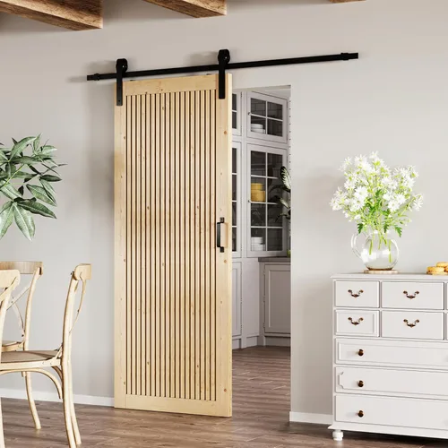 Vista 6 de BARNER HOME Puerta de granero de madera de pino de 30 x 84 pulgadas, puerta corredera decorativa de 1 lite, con kit de herramientas incluido Puerta