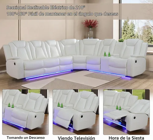 Vista 4 de Juego de sofá modular reclinable eléctrico para sala de estar, sofá modular reclinable de cuero con mesa auxiliar, soporte para tazas, consola