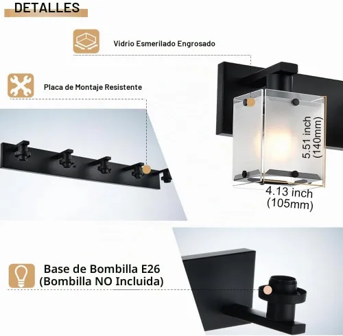 Vista 7 de Lámpara de pared negra de WINSHEN, lámpara de tocador de baño de 2 luces, lámpara de montaje en pared sobre espejo para dormitorio, estudio, sala