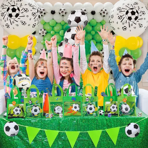 Vista 7 de Winrayk Juego de 12 regalos de fiesta de fútbol para niños, suministros de cumpleaños deportivos, bolsas de regalo no tejidas, pulsera de palmada