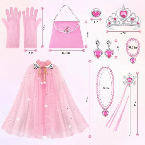 Vista 2 de Vicloon Juego de 11 capas de princesa, capa de princesa con corona, varita, joyas y bolsa, ropa de vestir de princesa para niñas pequeñas, capa
