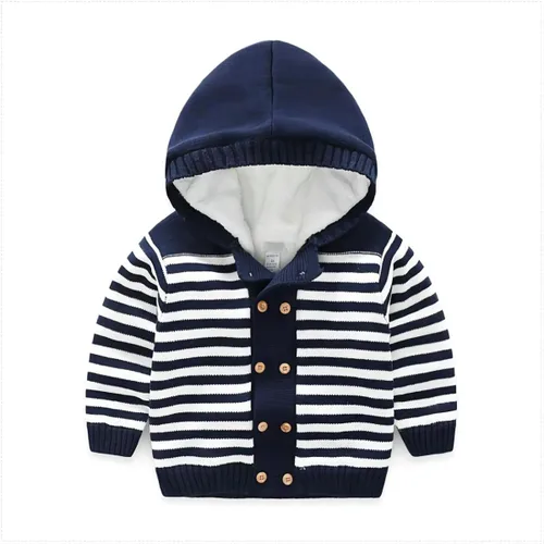 Vista 2 de Suéter de punto a rayas con capucha para niños y niñas, abrigo de invierno para bebés, Coral