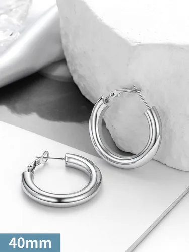 Vista 6 de Aretes de aro gruesos de acero inoxidable para mujer, minimalistas y elegantes, chapados en negrooro, aretes redondos hipoalergénicos, tamaño 1.181