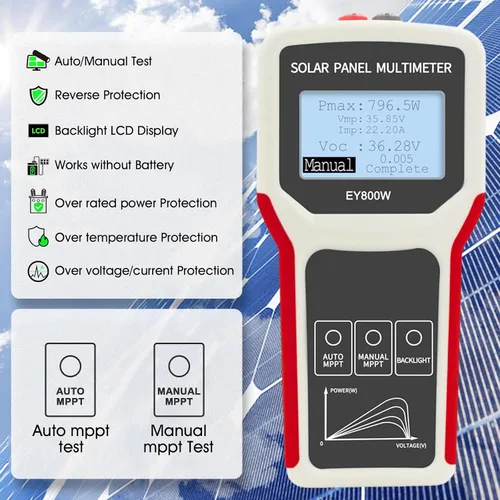Vista 2 de Medidor de potencia de panel solar de 800 W, monitor multímetro de panel fotovoltaico de mano, amplificador de voltaje MPPT con pantalla LCD