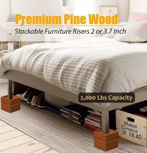 Vista 3 de Elevadores de muebles de madera de pino maciza de alta calidad, elevación de 2 o 3.7 pulgadas para camas, sofás y más Capacidad de 2000 libras
