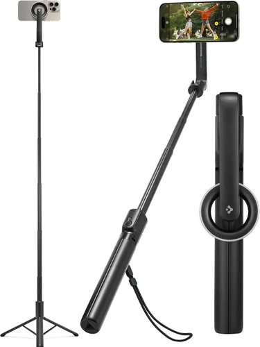 Vista 11 de Spigen Soporte de Trípode para Palo de Selfie con Control Remoto Bluetooth y Obturador, Extensible de 24", Compatible con MagSafe iPhone