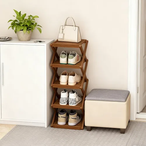 Vista 2 de YYW Zapatero plano de bambú para entrada, sin instalación y plegable, pequeño zapatero vertical, ahorra espacio, zapatero estrecho para armario