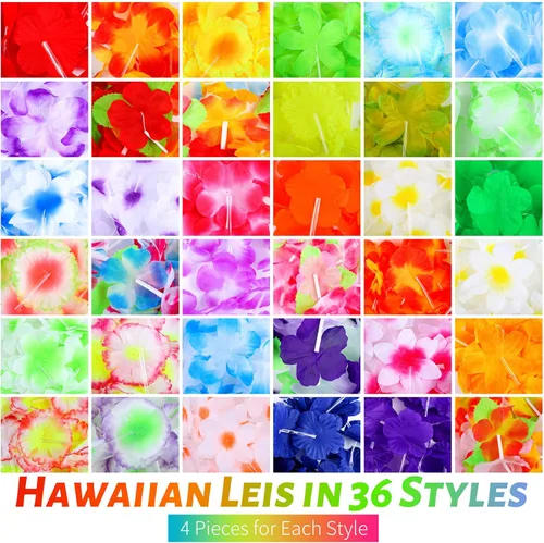 Vista 4 de ADXCO Collar de flores tropicales de Leis hawaiano, 36 estilos Luau Leis para suministros de fiesta hawaiana tropical, Poliéster, No es una piedra