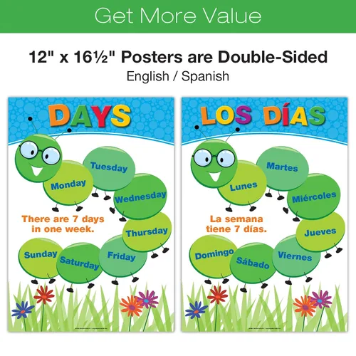 Vista 2 de 20 Carteles Educativos Grandes para Niños Pequeños (16.5x12 pulgadas Doble Cara Inglés/Español) Alfabeto Colores Letras Números Formas Meses Días
