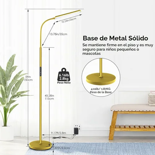 Vista 4 de Dimunt Lámpara de pie LED, ajustable sin escalones 3000K-6000K colores Dorado
