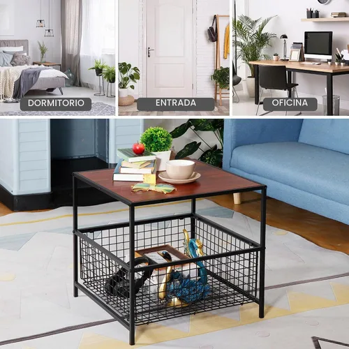 Vista 6 de SUPER DEAL Mesa auxiliar de 2 niveles con cesta de malla, mesa auxiliar cuadrada de 20 pulgadas para dormitorio, sala de estar, mini soporte