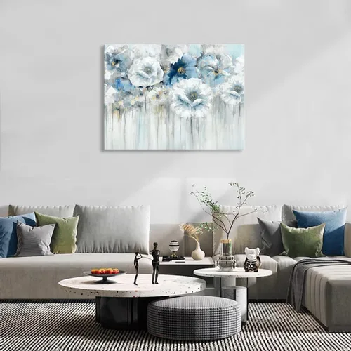 Vista 5 de Cuadro de flores para sala de estar, arte de pared floral azul y blanco sobre lienzo con detalles dorados para decoración de dormitorio gris, 32 x