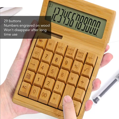 Vista 3 de Zopsc Calculadora de bambú, calculadoras solares de madera con pantalla LCD digital de 12 bits, calculadoras de escritorio de función estándar