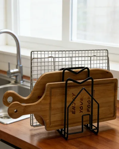 Vista 6 de SUNFICON Estante para Tabla de Cortar Organizador de Tabla de Cortar Soporte Organizador para Encimera de Cocina Estante Organizador para Ollas