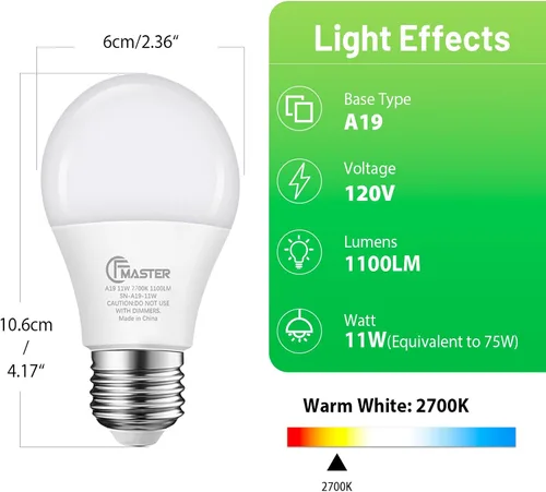 Vista 2 de Bombilla LED A19, bombilla LED equivalente a 75 W, 11 W 2700 K luz blanca cálida, 1100 lúmenes, bombillas no regulables, CRI 85+, sin parpadeo